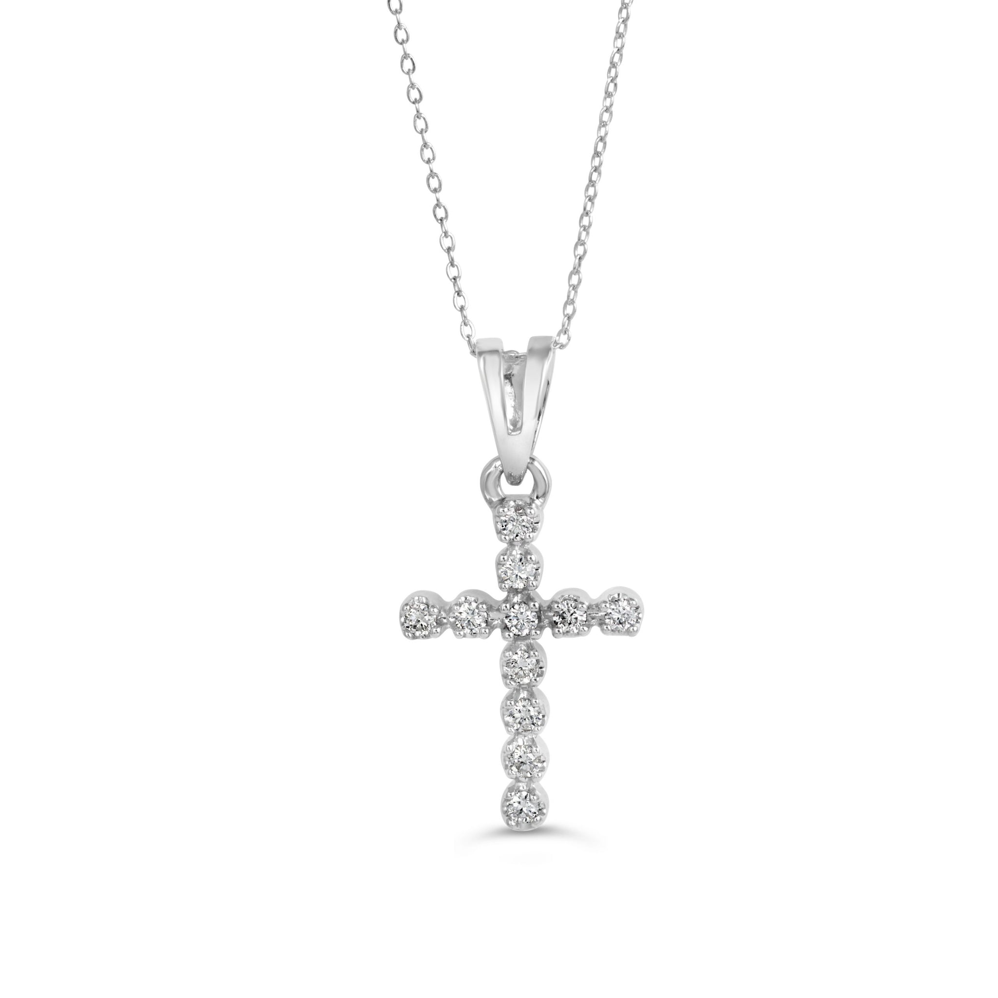 White gold cross pendant necklace with 0.11ct diamonds in a 4-claw setting on a delicate chain.