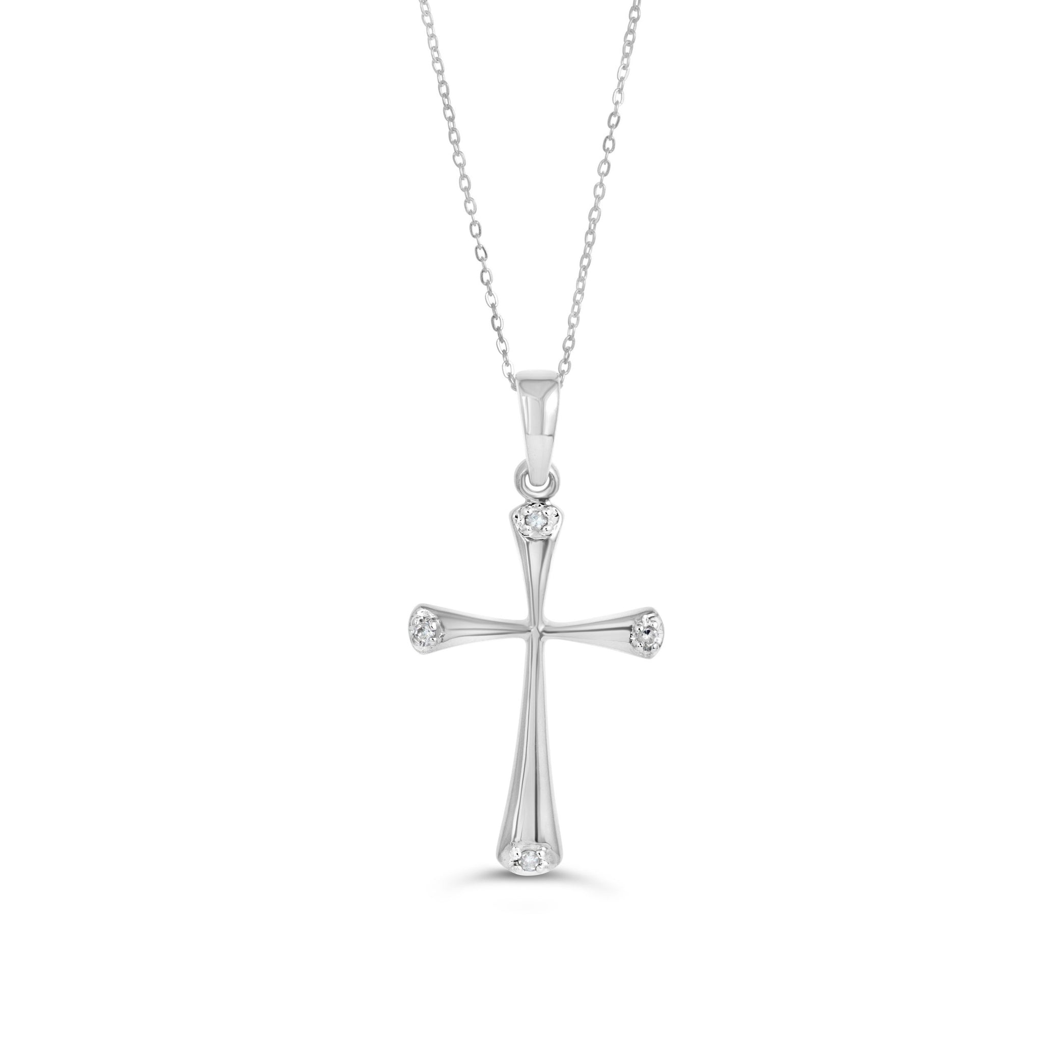 White gold cross pendant necklace with four diamonds at each end of the cross on a fine chain.