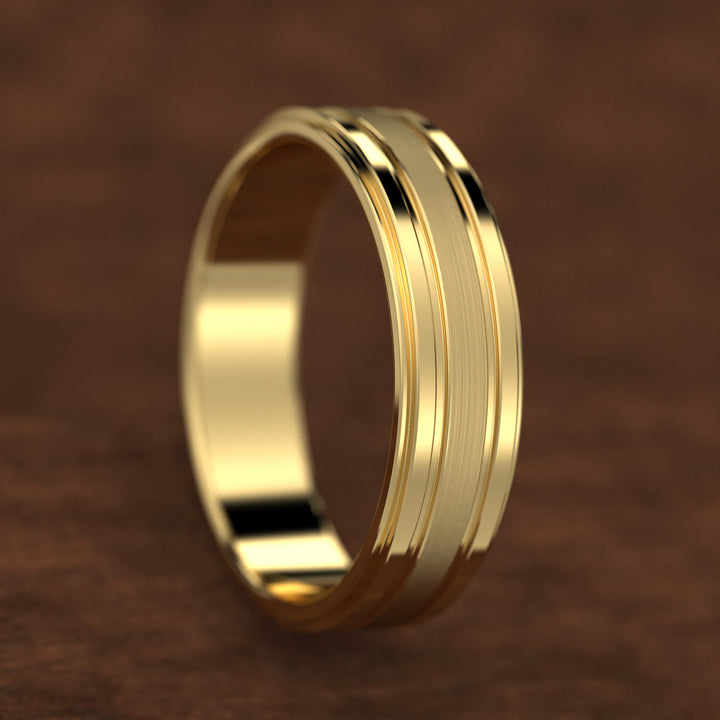 men’s band with ice-cut textured center and polished dual grooves