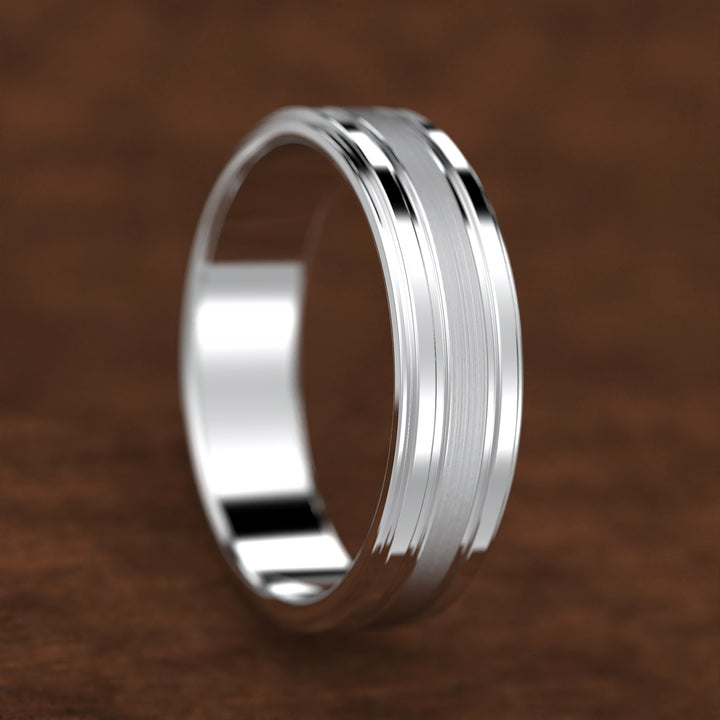 men’s band with ice-cut textured center and polished dual grooves