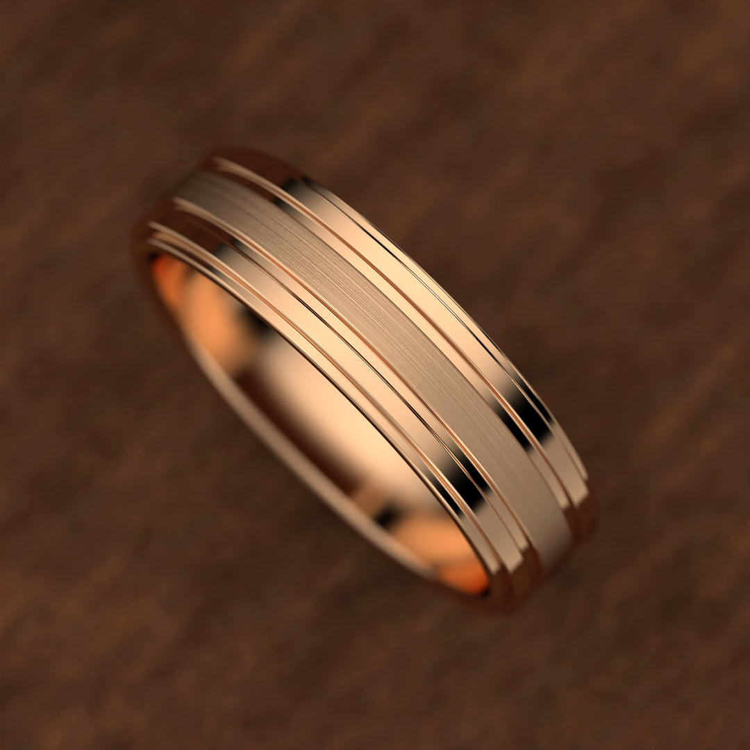 men’s band with ice-cut textured center and polished dual grooves