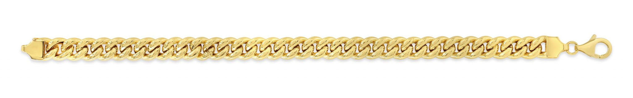 10K yellow gold Cuban link bracelet with lobster clasp, classic chain design.