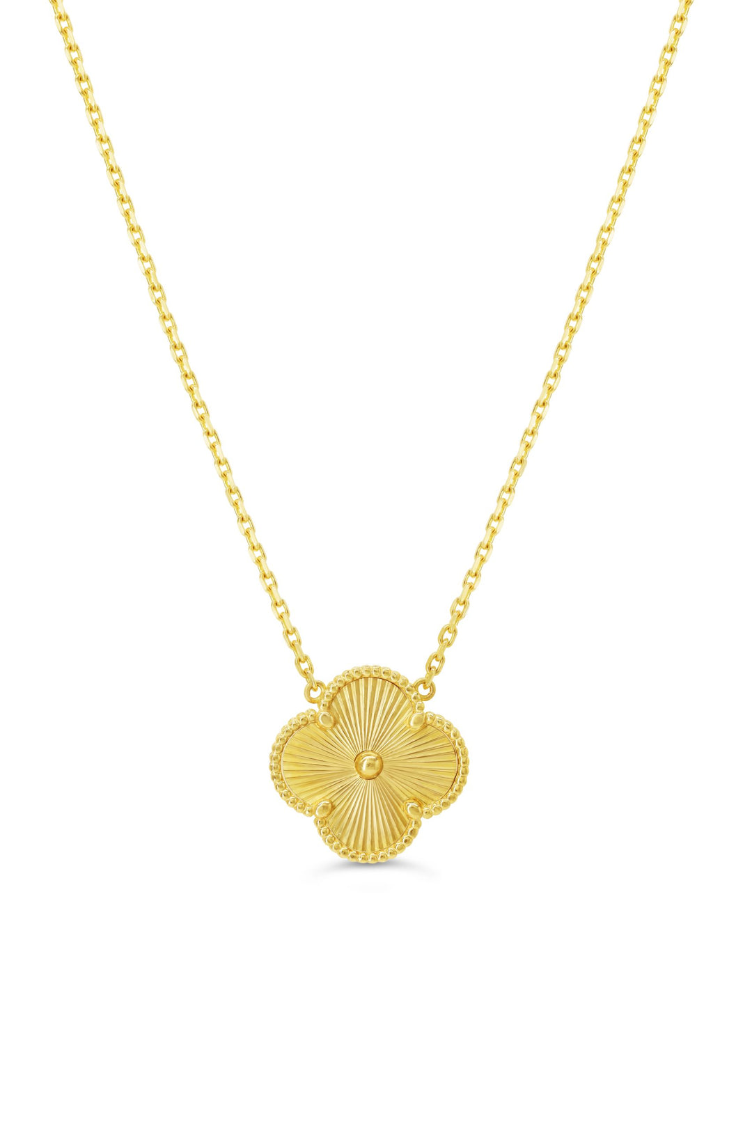 10K gold necklace with a diamond-cut four-leaf clover pendant and beaded gold detailing.