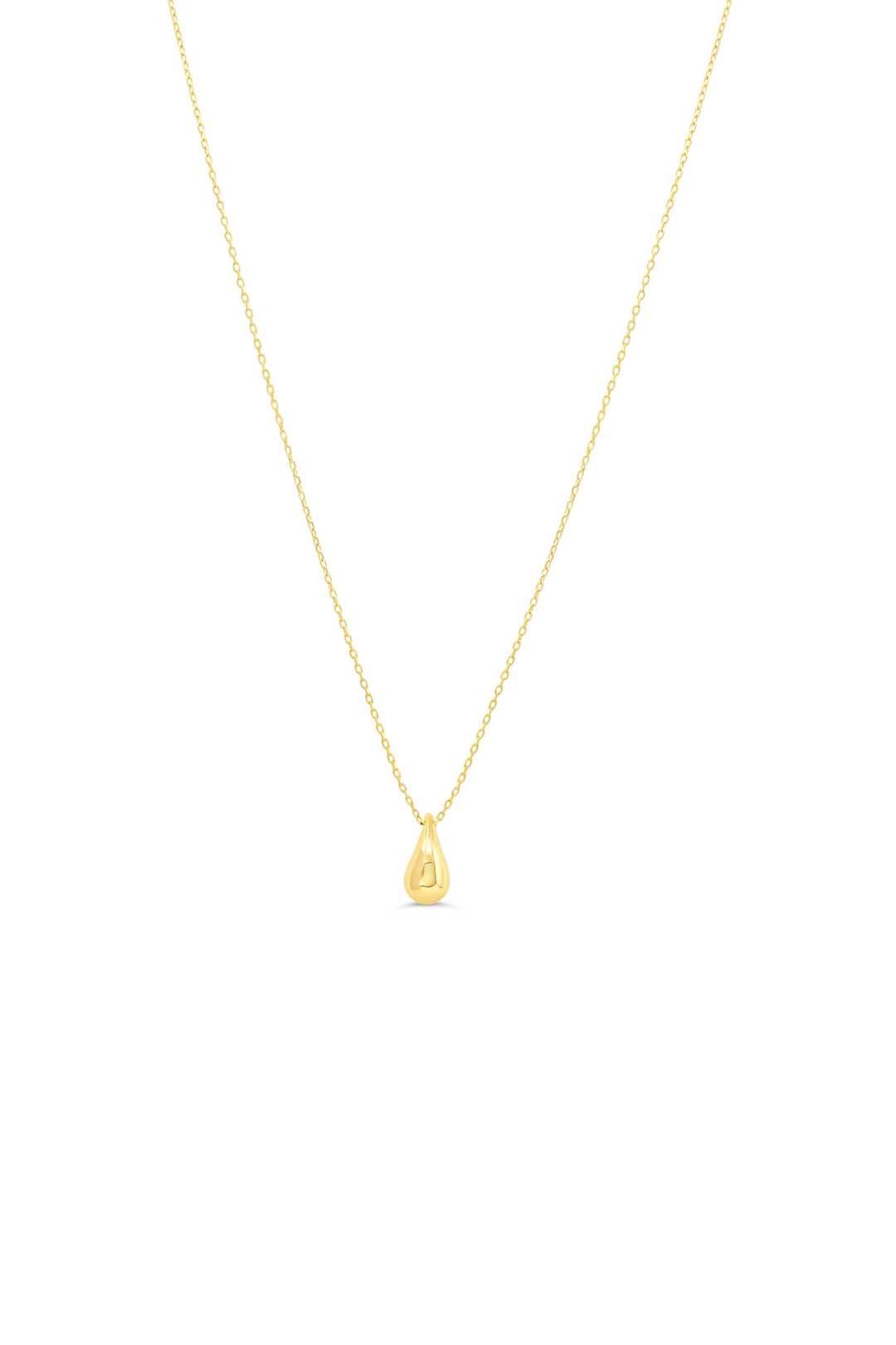 10K yellow gold necklace with a polished small teardrop pendant on a fine gold chain.