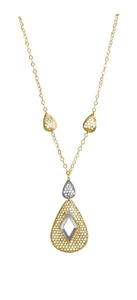 14K two-tone filigree drop necklace with intricate yellow and white gold design, 17 inches long, lightweight at 4.70 grams.