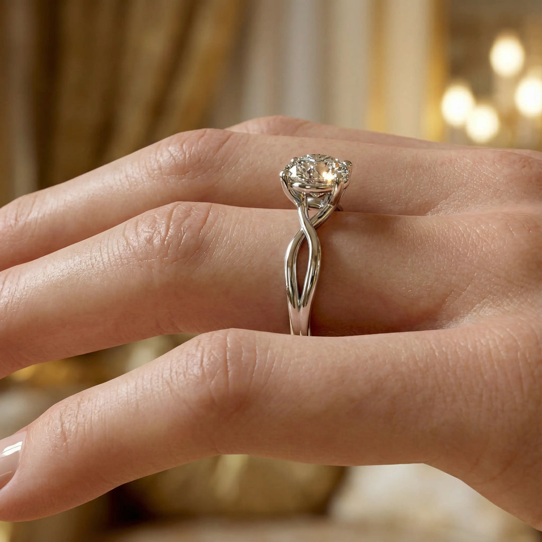 Round diamond engagement ring with infinity twist band front view.
