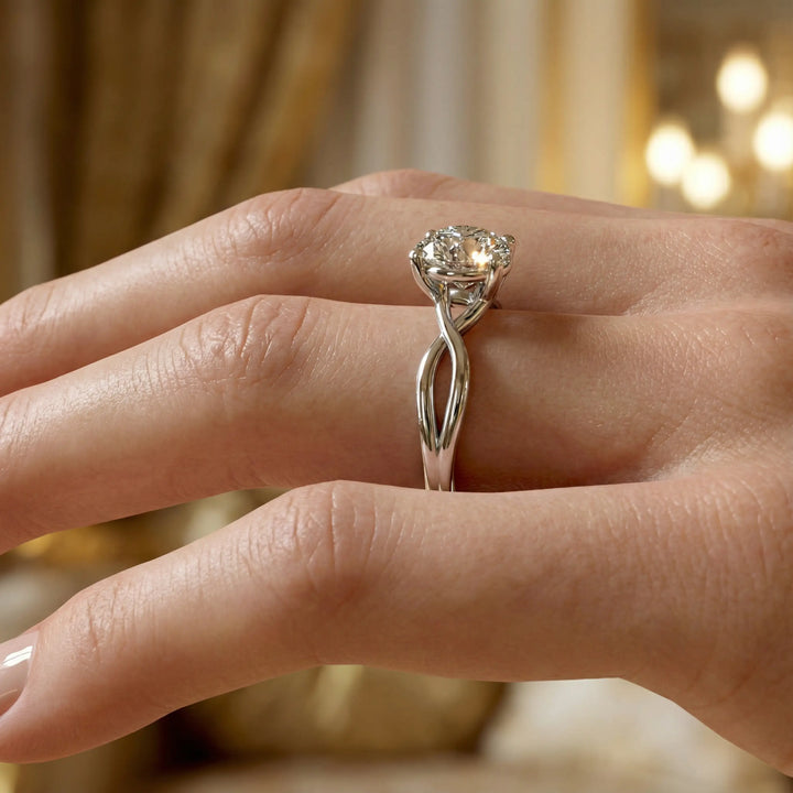 Round diamond engagement ring with infinity twist band front view.