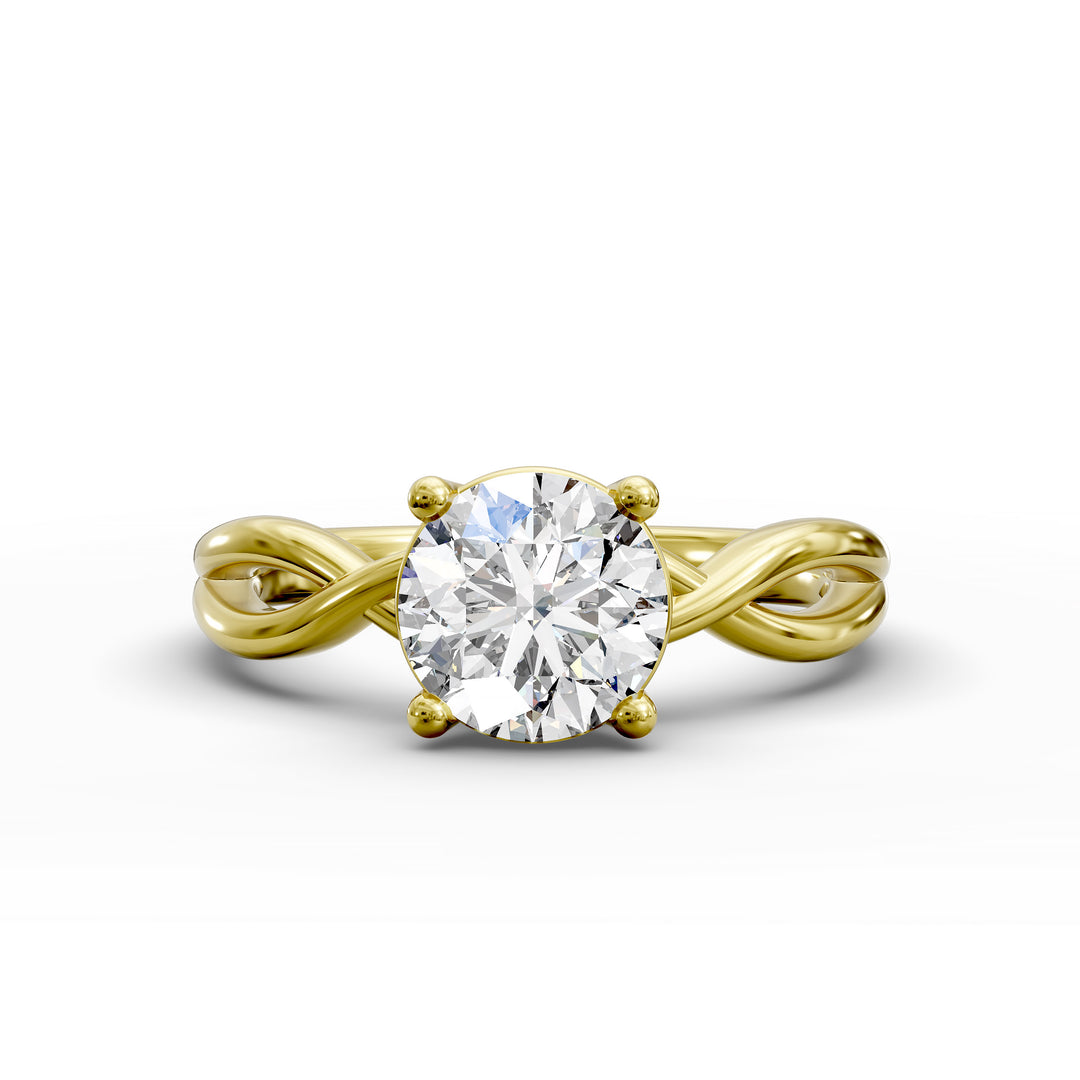 Round diamond engagement ring with infinity twist band front view.