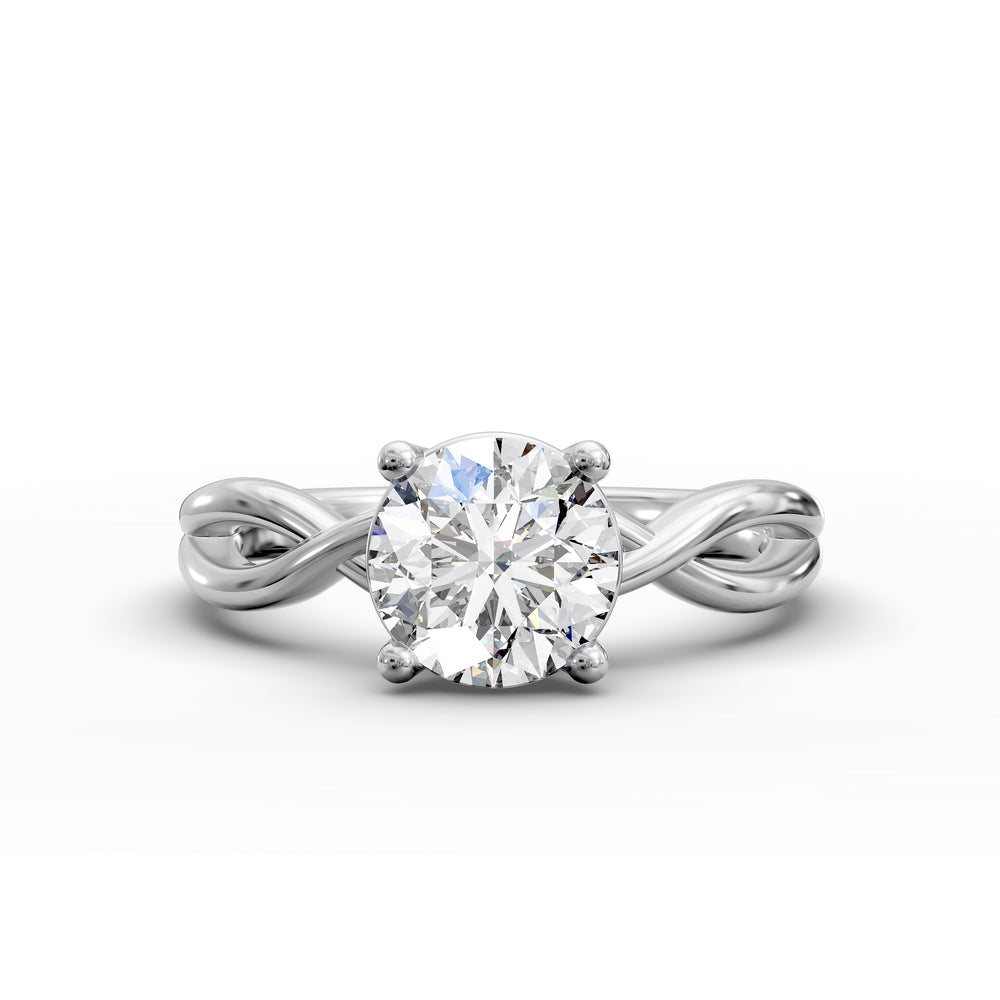 Round diamond engagement ring with infinity twist band front view.