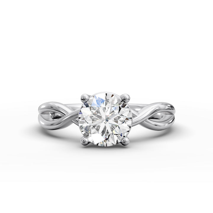 Round diamond engagement ring with infinity twist band front view.