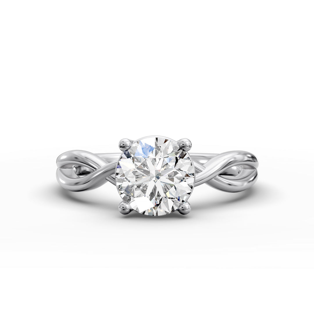 Round diamond engagement ring with infinity twist band front view.