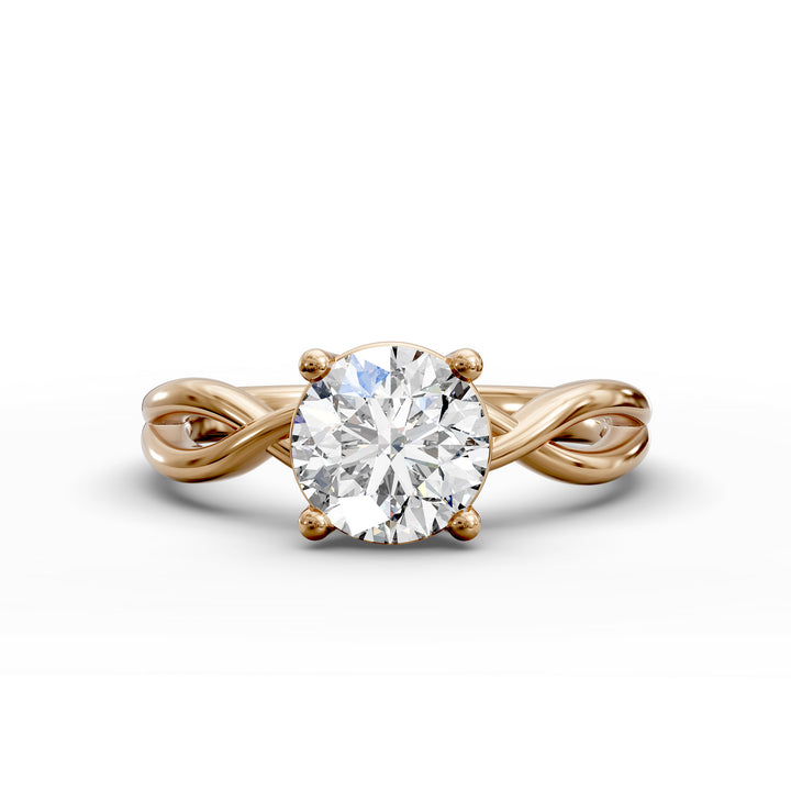 Round diamond engagement ring with infinity twist band front view.