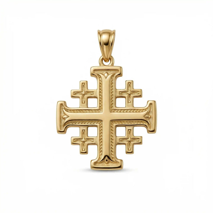 Jerusalem cross pendant necklace with central cross and four smaller crosses displayed on white background.