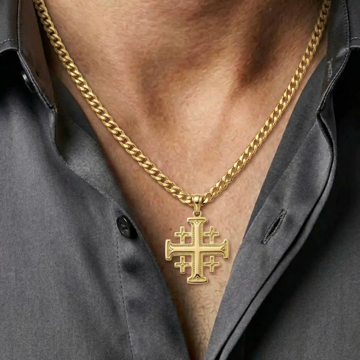 Jerusalem cross pendant necklace with central cross and four smaller crosses displayed on chest.
