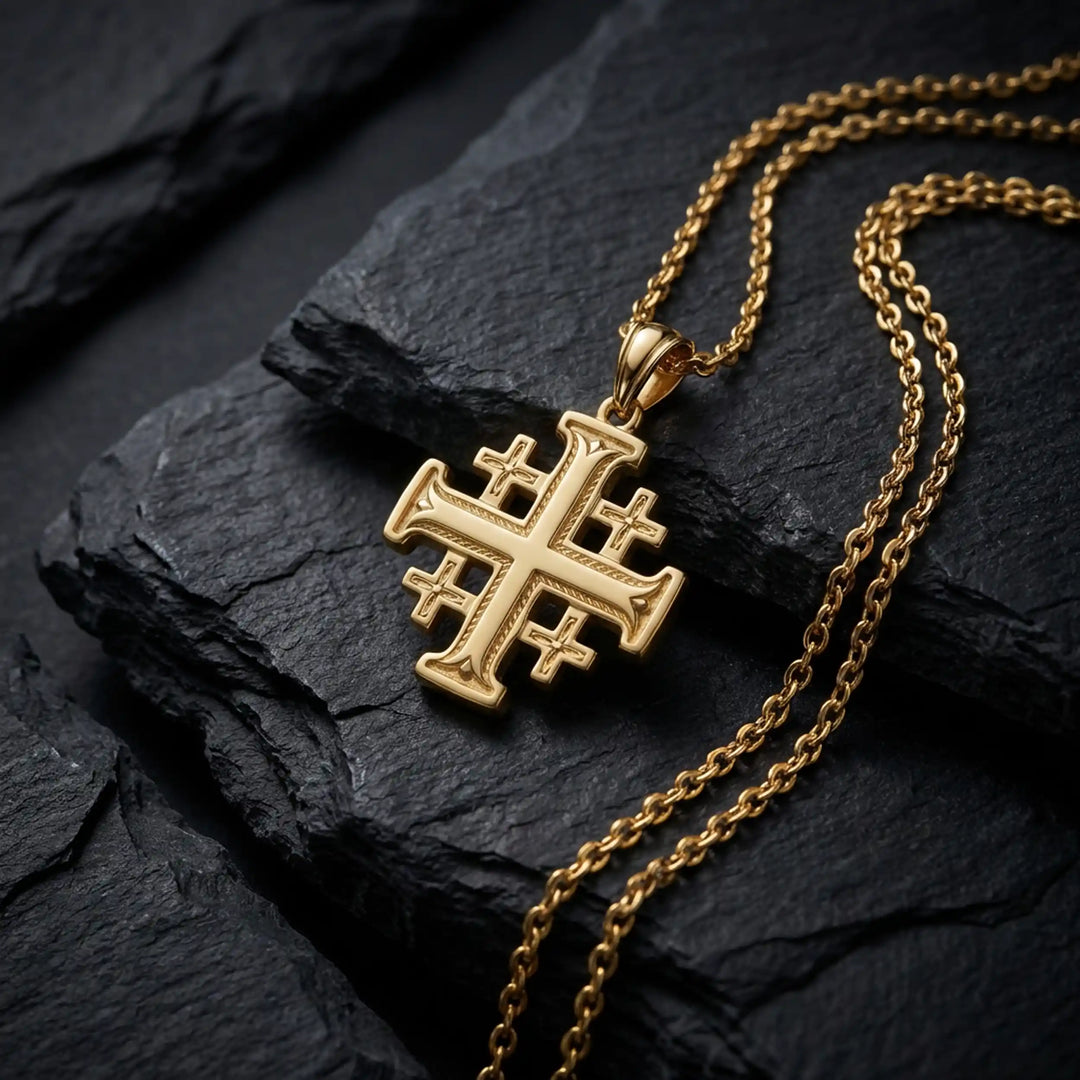 Jerusalem cross pendant necklace with central cross and four smaller crosses displayed on black stone.