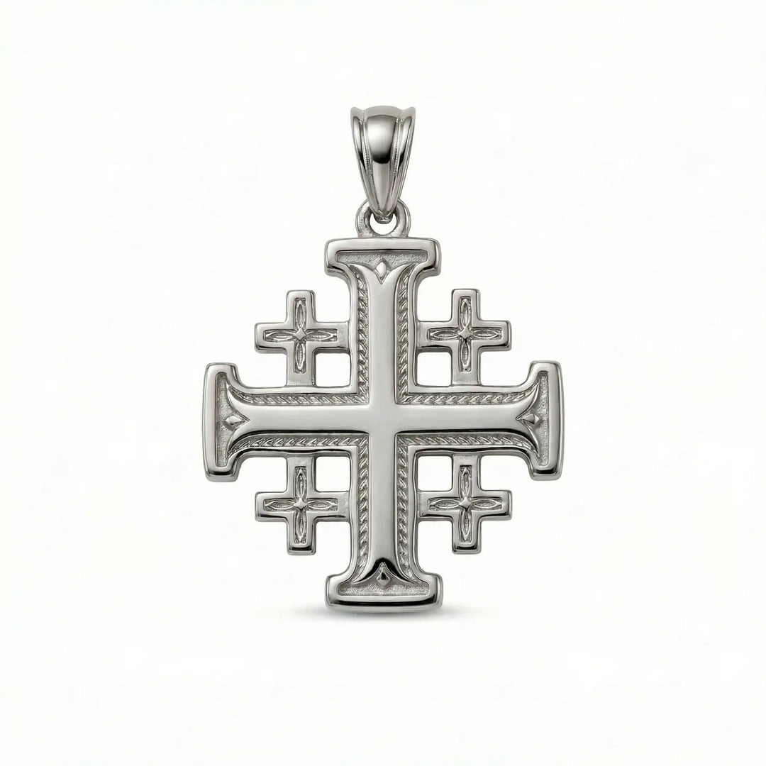 Jerusalem cross pendant necklace with central cross and four smaller crosses displayed on white background.