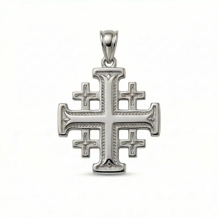 Jerusalem cross pendant necklace with central cross and four smaller crosses displayed on white background.