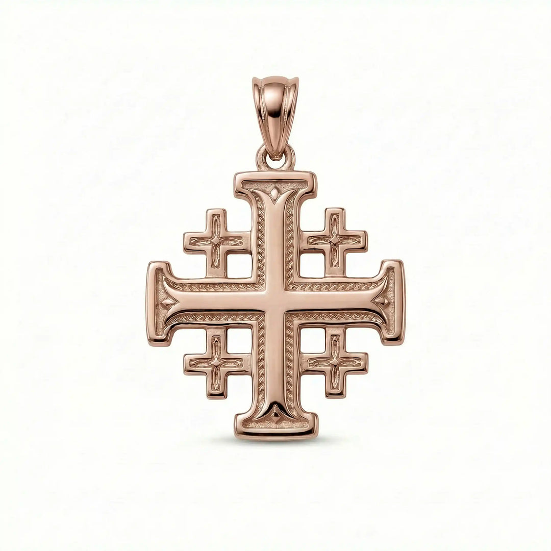 Jerusalem cross pendant necklace with central cross and four smaller crosses displayed on white background.