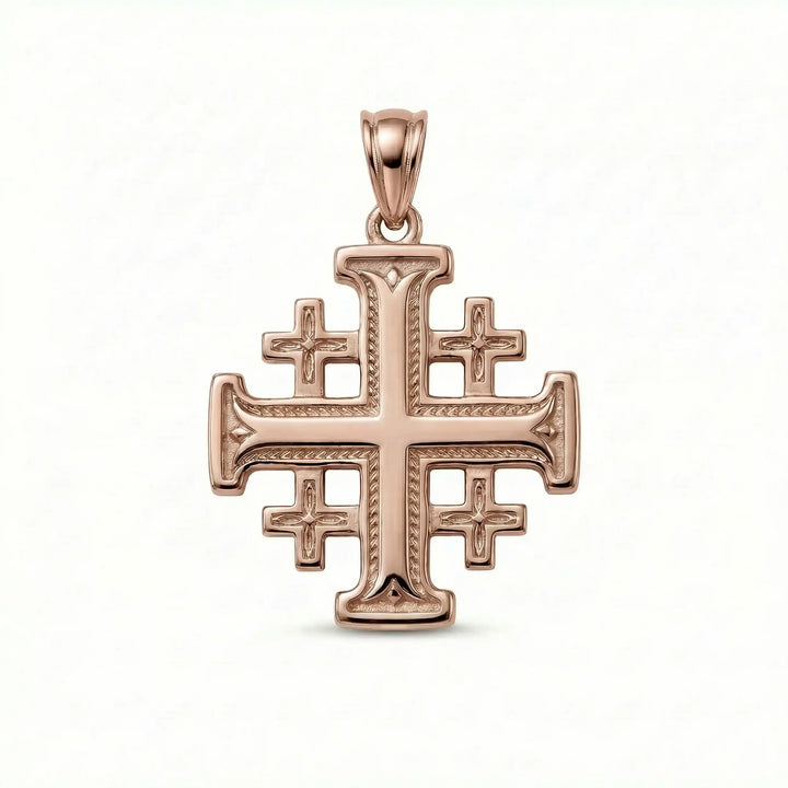 Jerusalem cross pendant necklace with central cross and four smaller crosses displayed on white background.