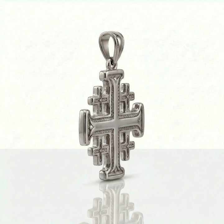 Jerusalem cross pendant necklace with central cross and four smaller crosses displayed on white background.