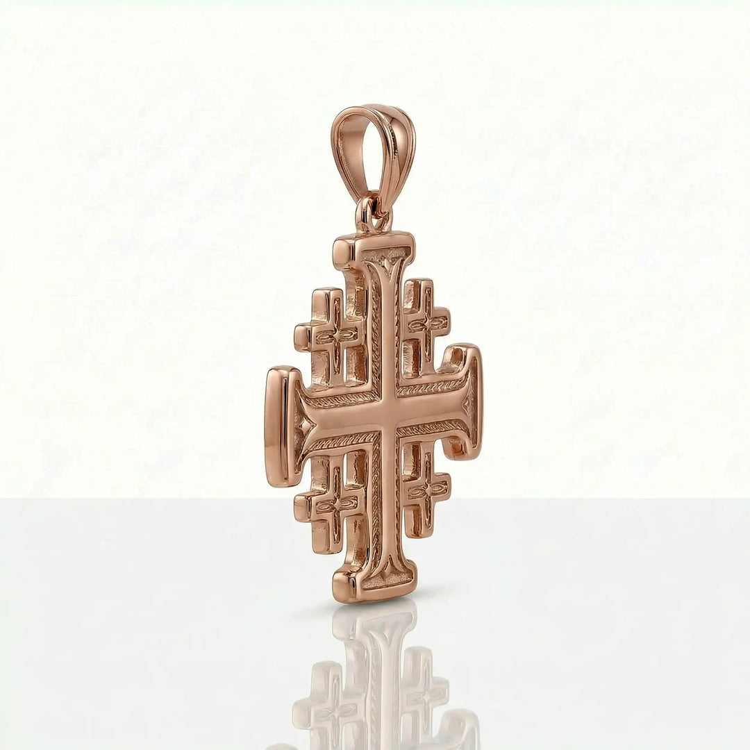 Jerusalem cross pendant necklace with central cross and four smaller crosses displayed on white background.