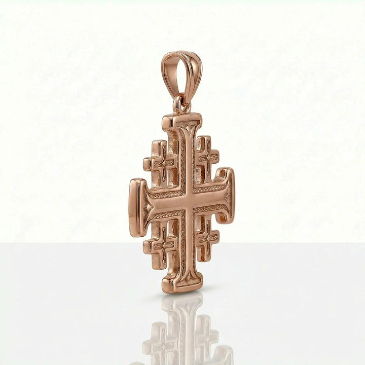 Jerusalem cross pendant necklace with central cross and four smaller crosses displayed on white background.
