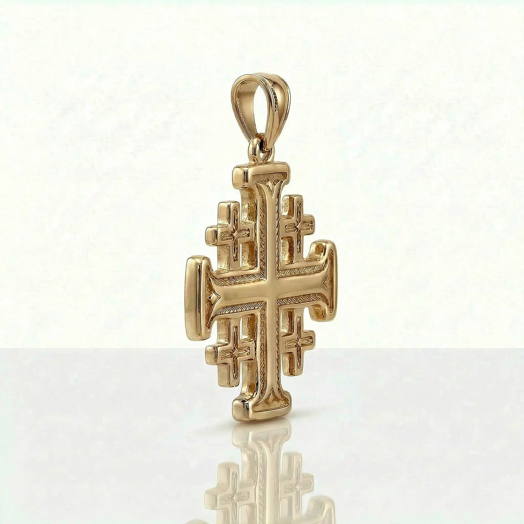 Jerusalem cross pendant necklace with central cross and four smaller crosses displayed on white background.