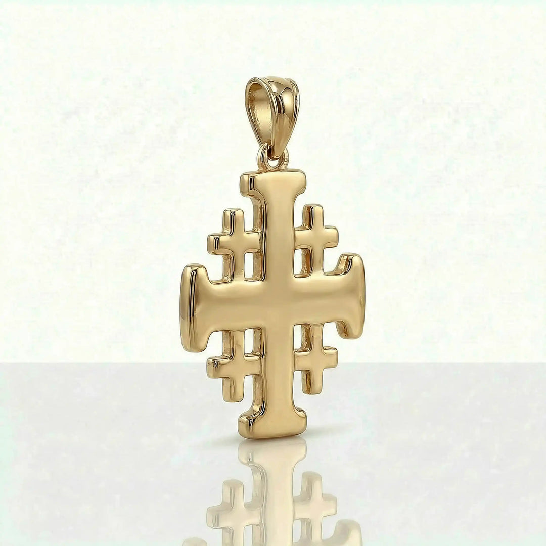 Jerusalem cross pendant necklace with central cross and four smaller crosses displayed on white background.