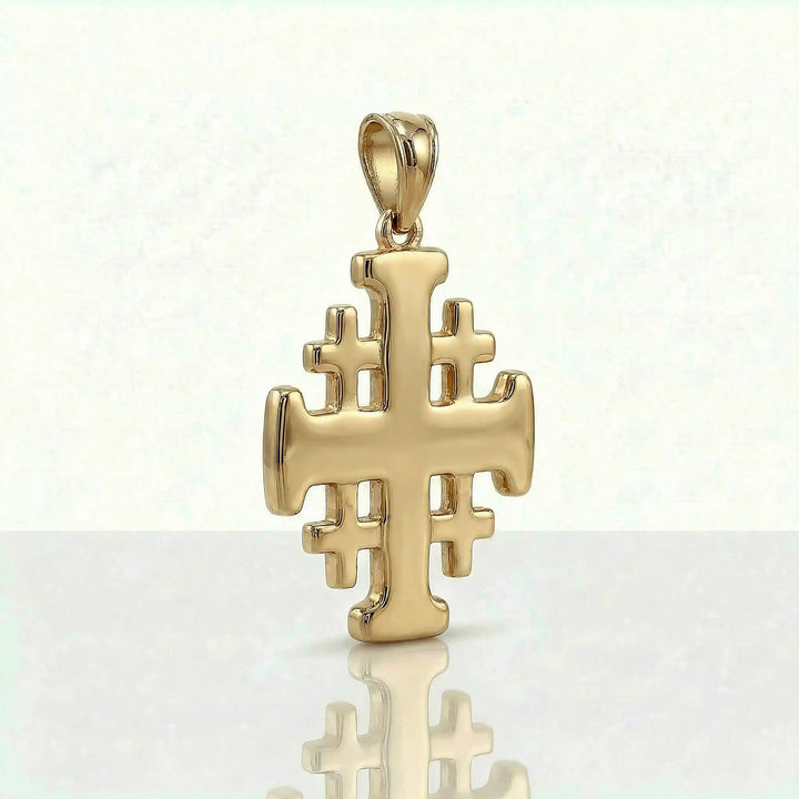 Jerusalem cross pendant necklace with central cross and four smaller crosses displayed on white background.