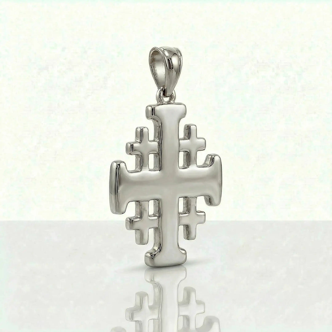 Jerusalem cross pendant necklace with central cross and four smaller crosses displayed on white background.