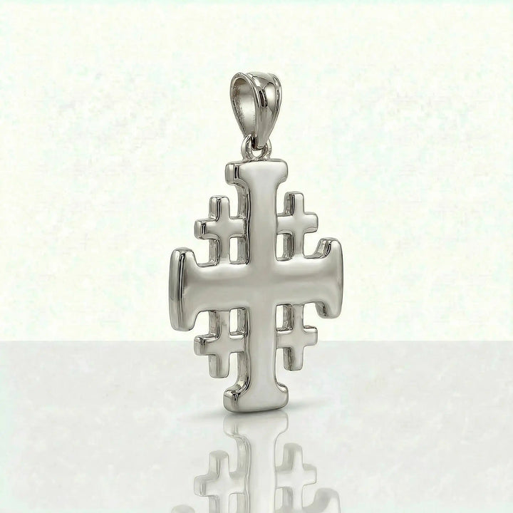 Jerusalem cross pendant necklace with central cross and four smaller crosses displayed on white background.