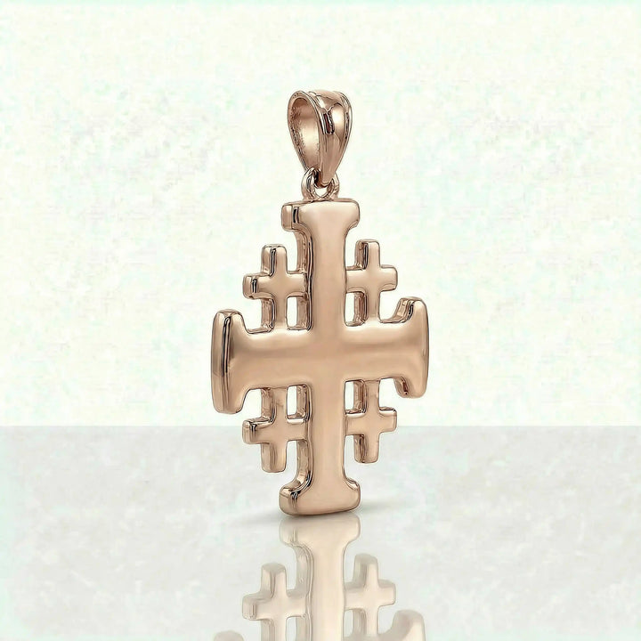 Jerusalem cross pendant necklace with central cross and four smaller crosses displayed on white background.