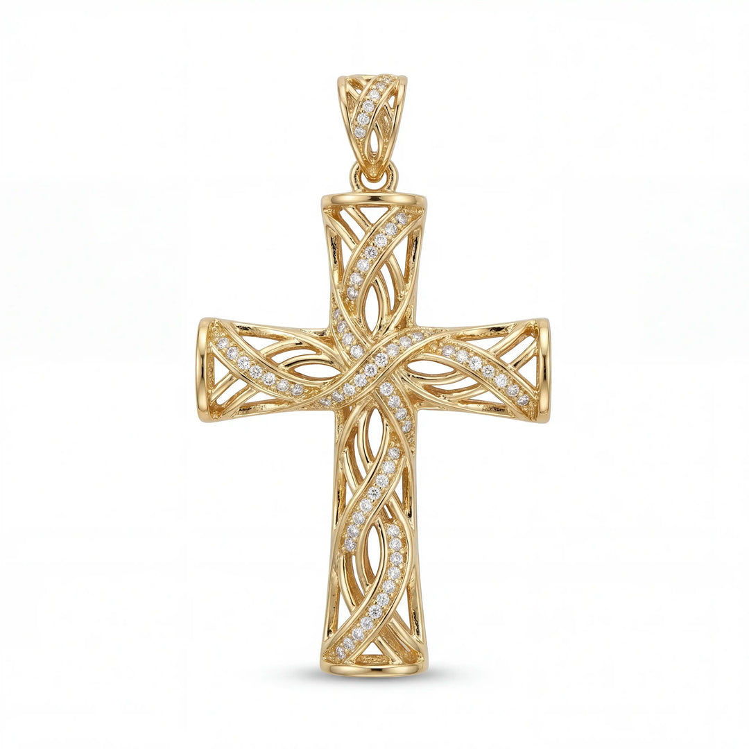 Lab-grown diamond Latin cross pendant with openwork design displayed on white background.