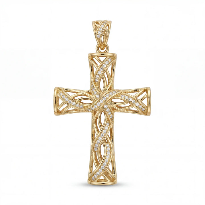Lab-grown diamond Latin cross pendant with openwork design displayed on white background.