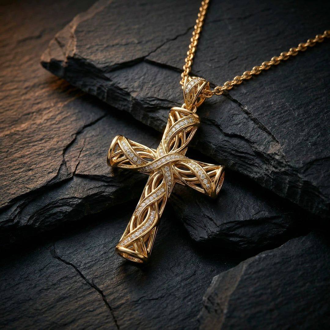 Lab-grown diamond Latin cross pendant with openwork design displayed on black stone.