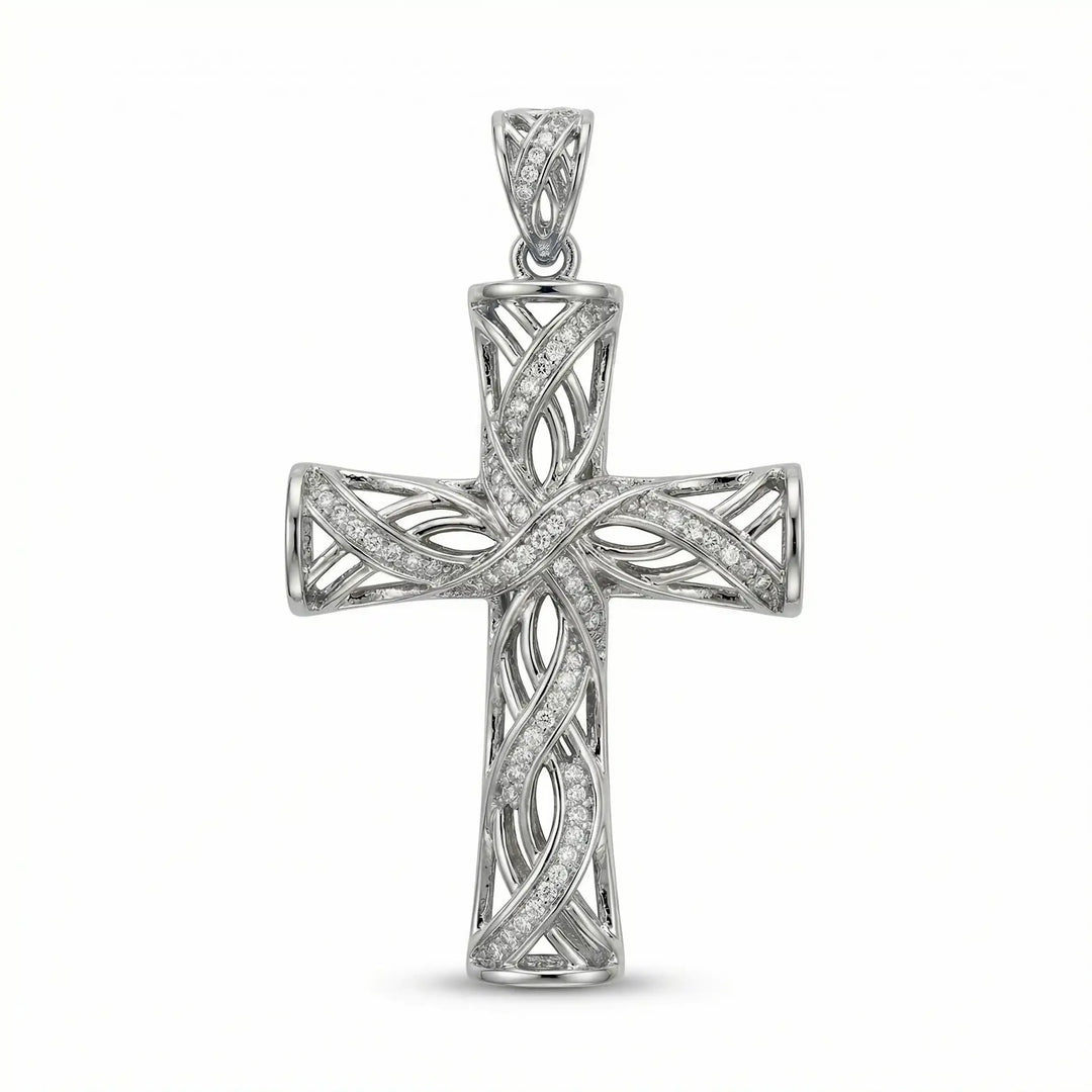 Lab-grown diamond Latin cross pendant with openwork design displayed on white background.