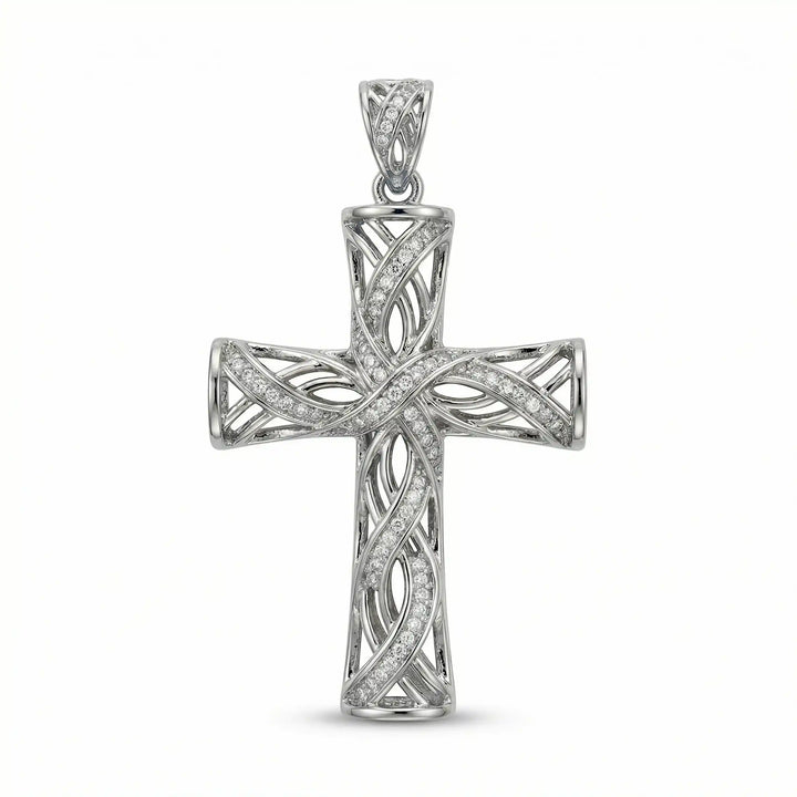 Lab-grown diamond Latin cross pendant with openwork design displayed on white background.