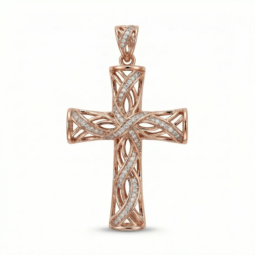 Lab-grown diamond Latin cross pendant with openwork design displayed on white background.