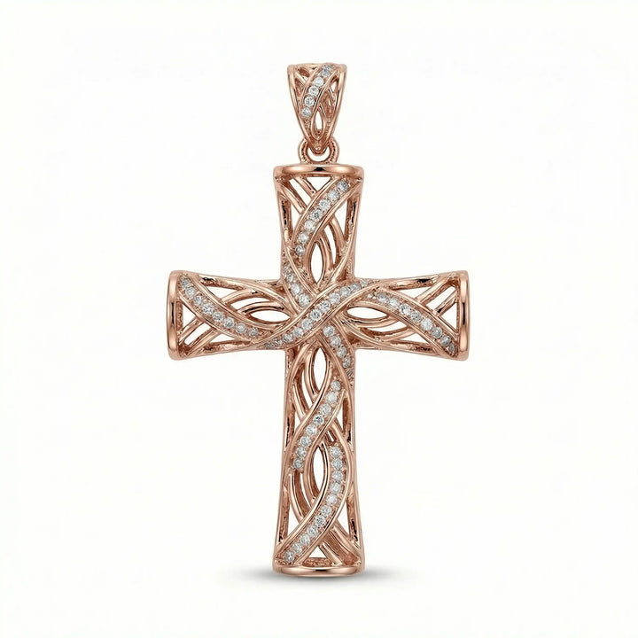 Lab-grown diamond Latin cross pendant with openwork design displayed on white background.