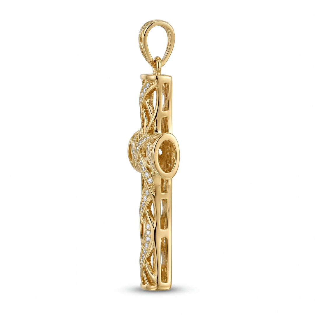 Lab-grown diamond Latin cross pendant with openwork design displayed on white background.