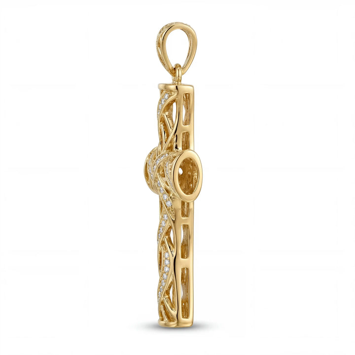 Lab-grown diamond Latin cross pendant with openwork design displayed on white background.
