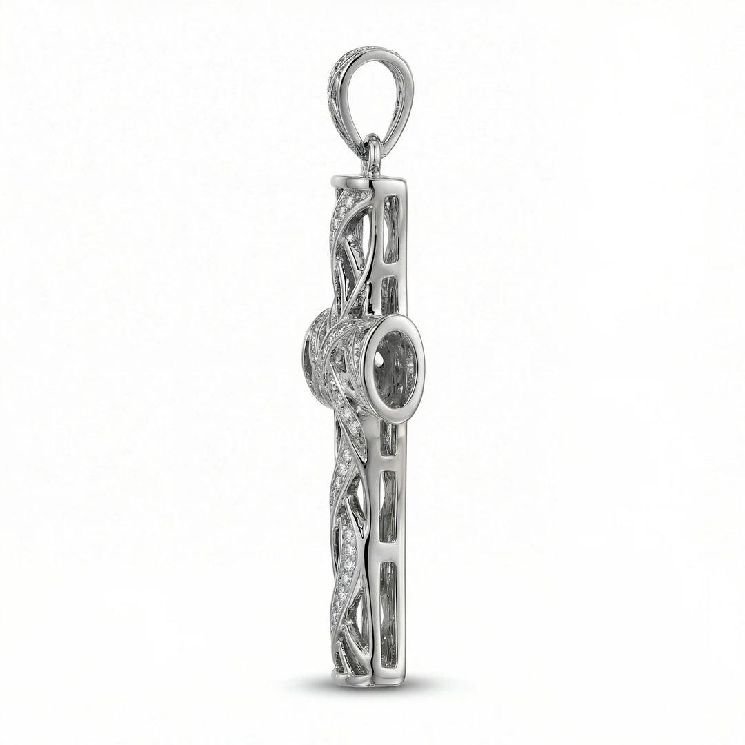 Lab-grown diamond Latin cross pendant with openwork design displayed on white background.