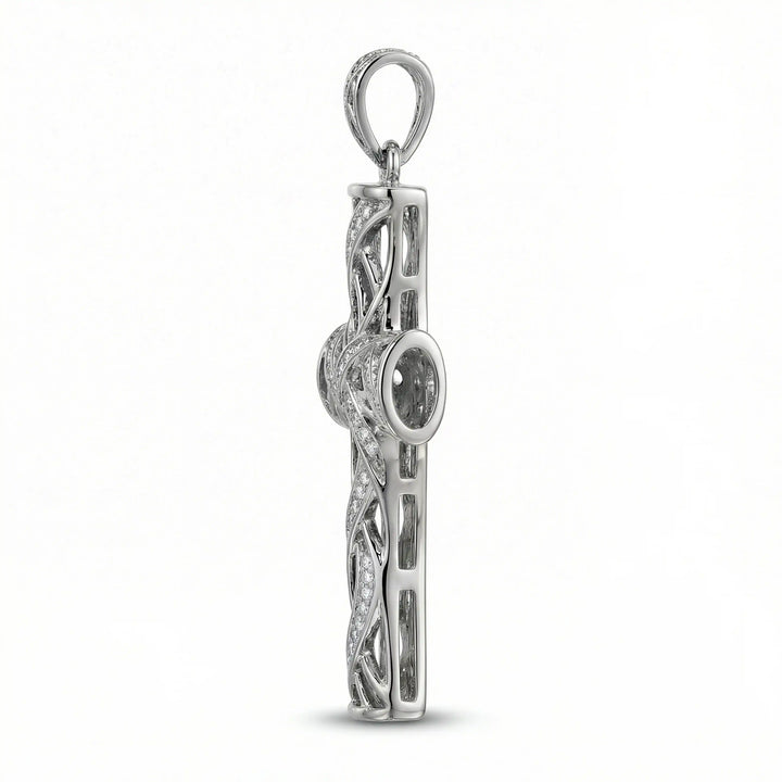 Lab-grown diamond Latin cross pendant with openwork design displayed on white background.