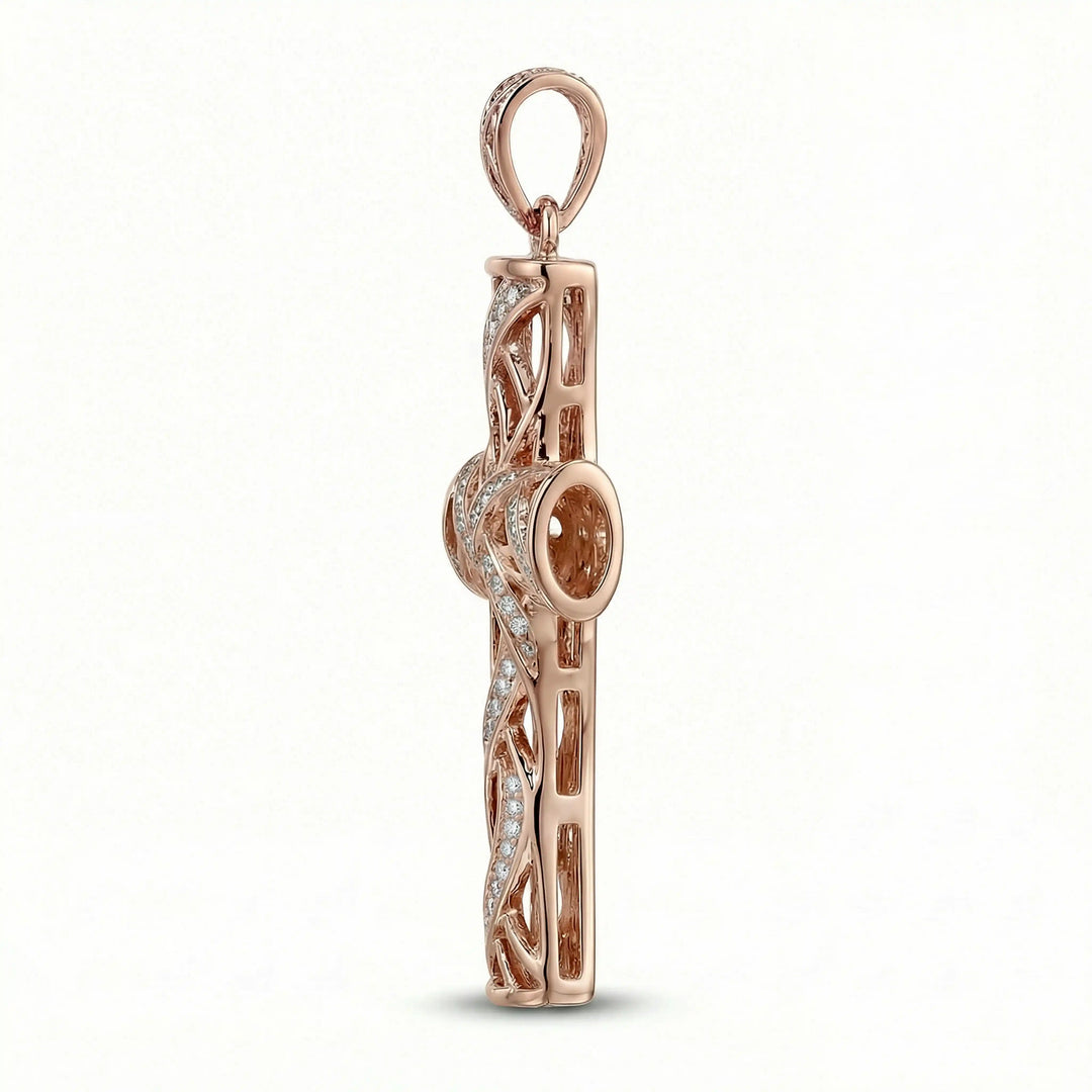 Lab-grown diamond Latin cross pendant with openwork design displayed on white background.