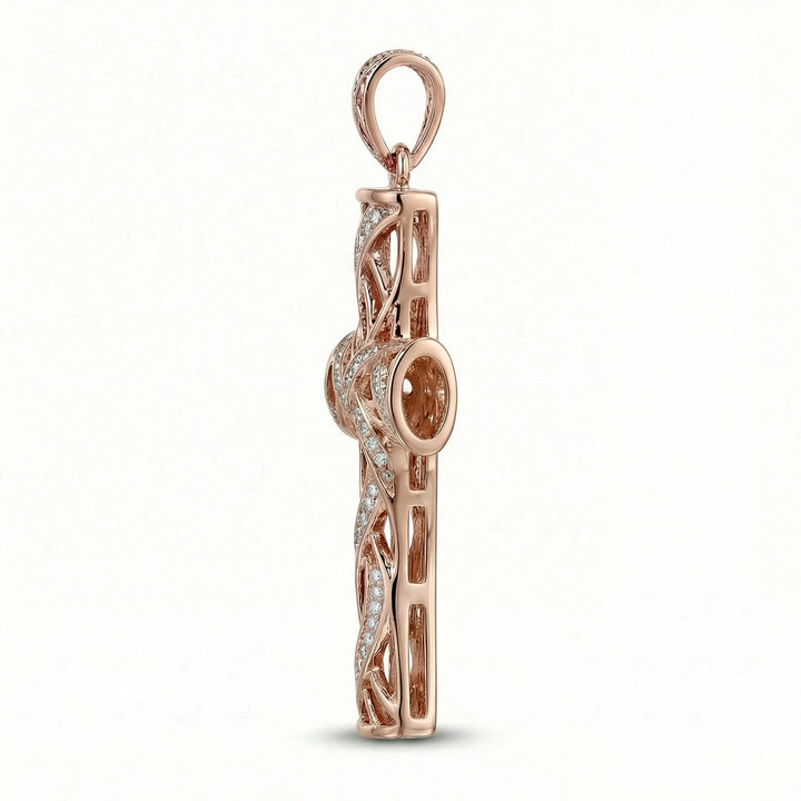 Lab-grown diamond Latin cross pendant with openwork design displayed on white background.