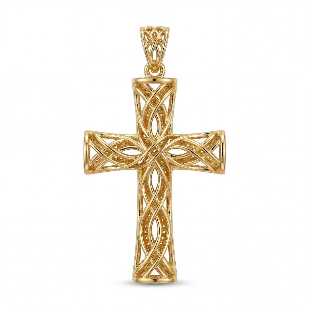 Lab-grown diamond Latin cross pendant with openwork design displayed on white background.