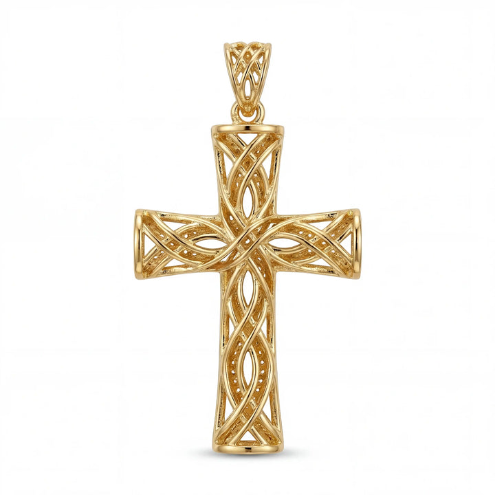 Lab-grown diamond Latin cross pendant with openwork design displayed on white background.