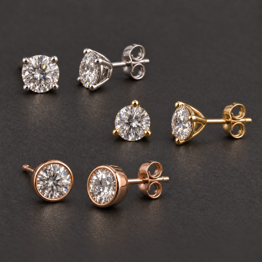 1ct yellow gold round lab-grown diamond stud earrings with white and rose gold pairs — classic everyday diamond studs at Rudix Jewellery