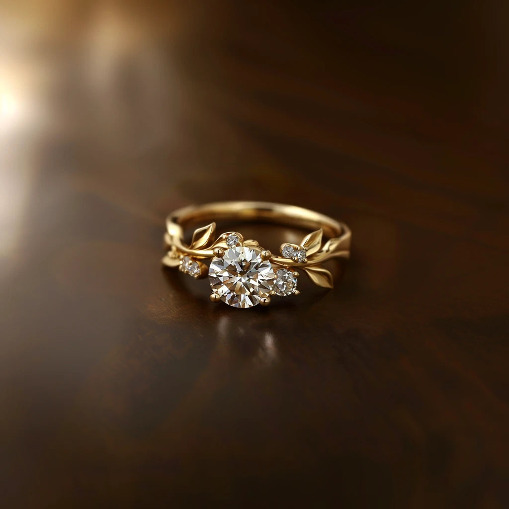 A close-up of a leaf and vine design engagement ring with a central diamond and smaller diamonds, set in a yellow gold band.