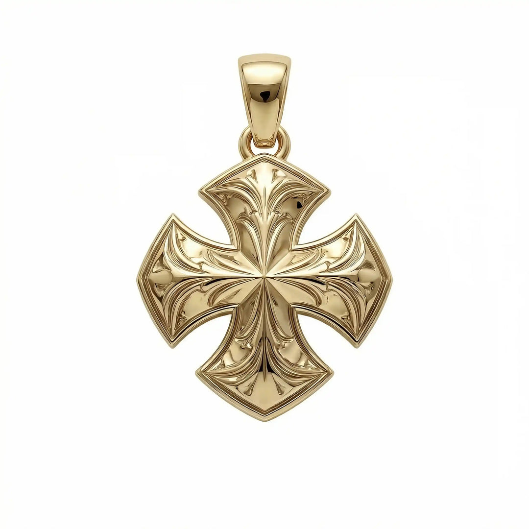 Maltese cross pendant with engraved ornamental design displayed on white background.